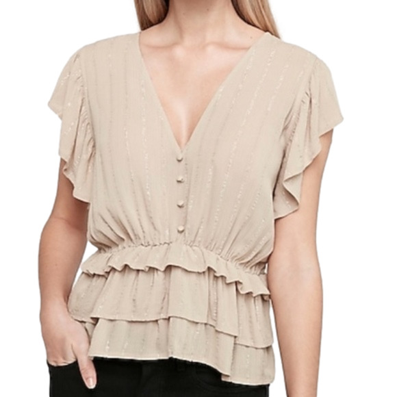 Express Tops - EXPRESS Metallic Beige Tiered Button Front Top - Small